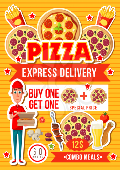 Fast food pizza delivery, combo meals special offer. Vector salami, cheese and tomato pizza, fried chicken leg, french fries and drinks. Fastfood restaurant or pizzeria design