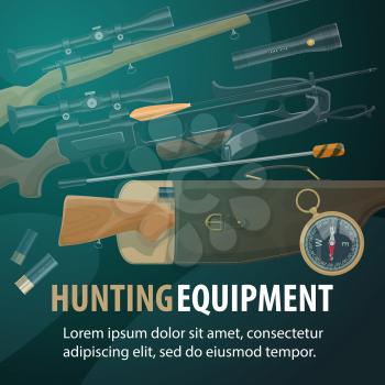 Hunting sport equipment, hunter ammunition and weapon. Rifle gun, shotgun and compass, crossbow, cartridge and flashlight. Hunter and tourist items store, vector illustration
