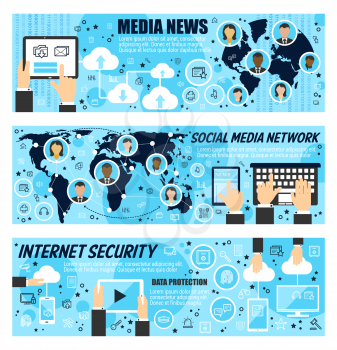 Media news and Internet security line art banners. Global networks social devices and human profile avatars, info storage and data protection infographics. World map and information outline vector