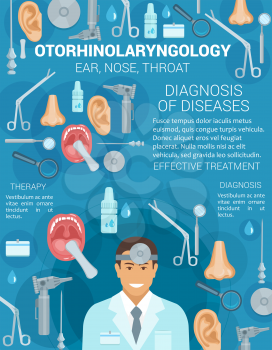 Otorhinolaryngology, diagnosis of diseases, otorhinolaryngologist doctors vector. Effective treatment of pain in ears, chronic nose illnesses and sore throat. Professional specialist services
