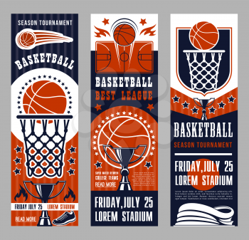 Basketball league tournament vector banners. Symbols of basketball sport team game as baskets on backboards, courts and ball, prize cup and playing field, sportive shoes and winning trophies leaflets