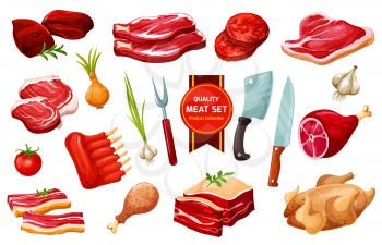 Butchery meat products and poultry, vegetables and cutting tools, vector. Pork and beef filet, fried chicken, mutton ribs, turkey and liver, knives and fork, cutlery hatcher