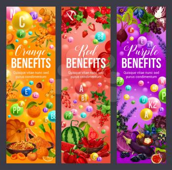 Benefits of color diet, vitamins A, B, D, fruits and vegetables. Vector apricot, peach and pumpkin, pepper, watermelon and strawberry, beet, eggplant and cabbage. Healthy nutrition theme