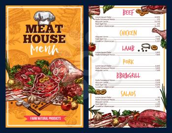 Meat house menu, vector farm natural products sketch. Beef and chicken, lamb pork, bbq and grill dishes, steaks with tomatoes, onion and garlic, salads as garnish. Butchery shop food