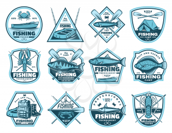 Fishing tournaments and camps icons. Fishery and hiking sport equipment vector signs. Backpack and inflatable boat, tent and crayfish, trout and crab, lobster and salmon, boots and paddles