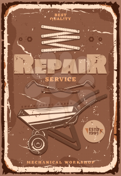 Mechanical workshop repair service. Vintage cart, iron crowbar used as lever, measure ruler and screw-nut vector on grunge backdrop. Repairing service, engeneering works design