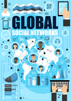 Global social networks, outline icons and people avatars on vector world map. Modern way to communicate via Internet in tablet, smartphone or computer. Socializing process, typing hands