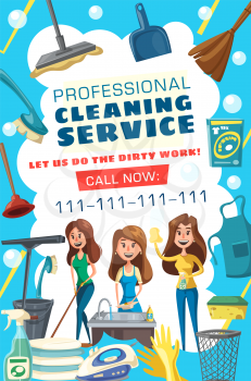 Cleaning and housework service. Woman washing, house cleaning, laundry and cooking. Housekeeping and housework tools with chores apron, glove and bucket, sponge and iron, sink