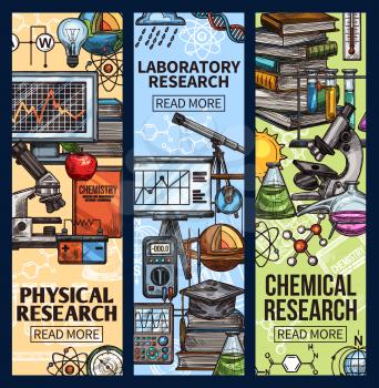 Physical, laboratory and chemical research, science banners with scientific equipment. Microscope and flasks, researching devices and books. Tubes for experiments and diagnostics, computer