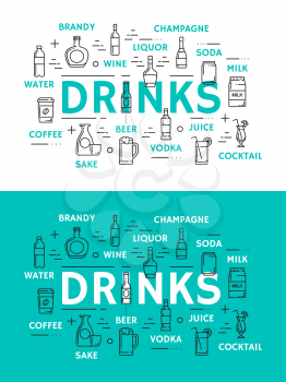 Drinks icons, beverages in glassware. Water and brandy, wine, liquor, champagne and soda, milk cocktail, juice and coffee, sake and vodka, beer vector. Alcohol and non alcohol drinks