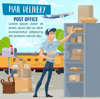 Post office and mail delivery service, vector. Mailman in uniform and parcels, postal train and airplane in sky, messenger bag and mailbox. Worker in shirt and cap, packages and boxes on shelves