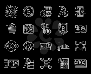 Bitcoin cryptocurrency technology icons. Crypto money, digital cash exchange, mining and transaction, blockchain network. Coins and pick, electronic video card and computer chip outline vector symbols