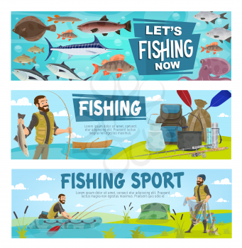 Fishing hobby sport and fisherman. Fisher with fish and equipment, rod with bait and inflatable or wooden boat, man in rubber boots. Net with salmon, trout or marlin, pike and octopus. Vector banners