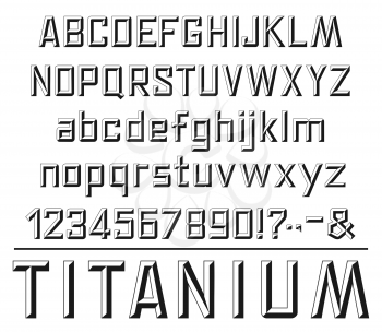 Font in stone stylewith alphabet, numbers and punctuation marks. Capital and small letters. Abc and digits, font and headers lettering design. Titanium headline, monochrome vector isolated