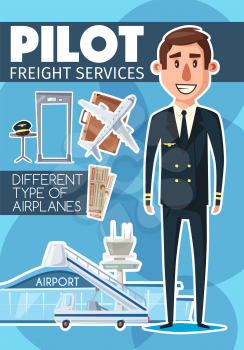 Pilot in uniform and freight service, flight icons and airplane. Aircraft crew profession character, travel suitcase and captain cap, airport passenger ladder and security check scanner. Vector design