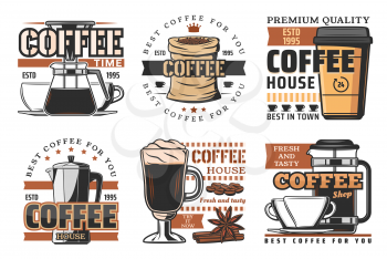 Hot coffee beverage or drink, steaming coffee in cup. Beans and espresso, latte and macchiato, mocha and kettle, glasse with vanilla, blender and cinnamon. Vector icons