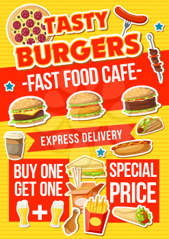 Fast food menu, vector. Hot dog and cheeseburger, hamburger and pizza, french fries snack and Chinese noodles in box. Sandwiches and tacos, barbecue and doner, beer and coffee, chicken drumstick