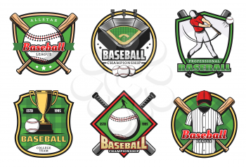 Baseball sporting heraldic symbols with crossed bats and balls, trophy cup and uniform, player and stadium. Team game and sport icons and signs. Professional supreme league badges, vector