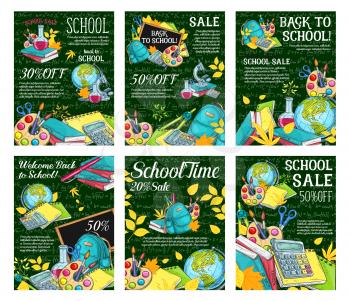 Back to School sale posters for education season stationery on green chalkboard background. Vector sketch design of school bag, globe or microscope and book, pen and pencil or ruler and maple leaf