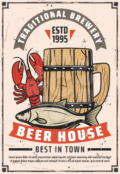 Beer house or brewery bar retro poster. Vector vintage advertisement design of craft draught beer in wooden mug with lobster crab or dry fish snacks, premium quality stars and ribbons