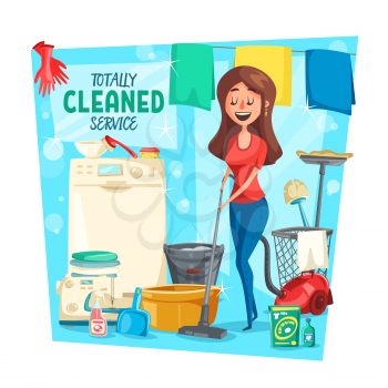 Home cleaning service, vector. Cartoon housewife woman with laundry in washing machine, vacuum cleaner or sponge and polisher or detergent soap mopping floor