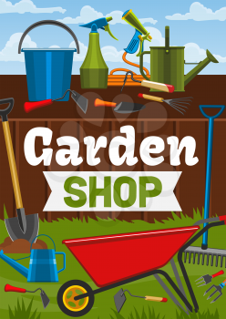 Garden shop, gardening tools and gardener items. Vector wheelbarrow, watering can or rake and spade tools. Garden cultivation or planting agriculture