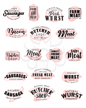 Butcher shop sketch lettering for meat and sausages products. Vector calligraphy pork and beef wurst or delicatessen of beefsteak or bbq brisket and organic gourmet steak filet