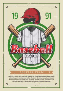 Baseball league or college team poster. Vector retro vintage design of baseball player outfit uniform, safety helmet hat and bat with ball for sport game or cup championship