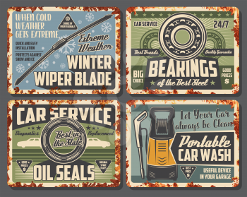 Car service and auto spare parts and accessory shop card or posters with rust effect. Vector rusty design for auto bearing of mechanic repair, winter wiper blades for windshield and portable car wash