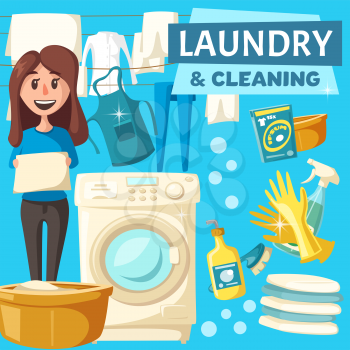Laundry and home cleaning poster of woman homework for clean house. Vector cartoon housewife with washin machine and laundry in hands or drying, detergent bubbles with sponge and glass polisher