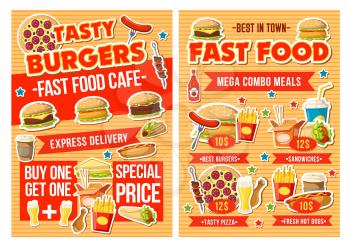 Fast food restaurant combo meal menu vector design with special offer of burger, snack and drink. Hamburger, pizza and hot dog, sandwich, fries and soda, chicken, taco and coffee. Food delivery flyer