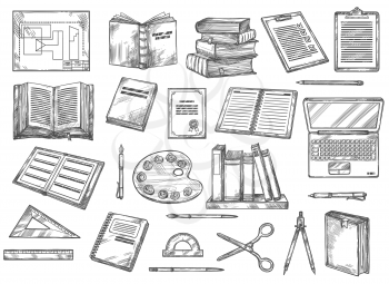 Books and stationery sketches, education and knowledge. Vector scheme, draft and book, check list and textbooks, palette and pencil, shelf and laptop, brush and rulers, scissors divider, protractor