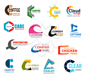 Corporate identity letter C business icons. Drinks and recreation, travel and technology, health, fashion and western, construction, food and science, farming and ecology. Vector emblems and symbols