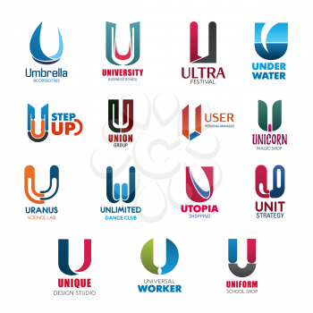 Letter U icons set, modern business company, technology and industry. Vector U trend symbols of university or school, umbrella or agency and dance festival or shop