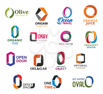 Letter O font modern typography icons of business company and corporate identity. Travel, food and medicine industry and technology design vector O symbols in geometric abstract modern shape