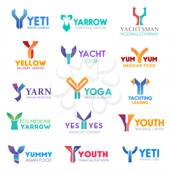 Corporate identity letter Y business icons. Vector recreation and medicine, sailing and delivery, food and health, sport and hobby. Ecology and finance, therapy and education, manufacture signs