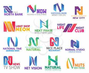 Corporate identity letter N business icons. Banking and science, finance, building and light, entertainment, news and food, design and television, Internet and beauty. Vector emblems, signs or symbols