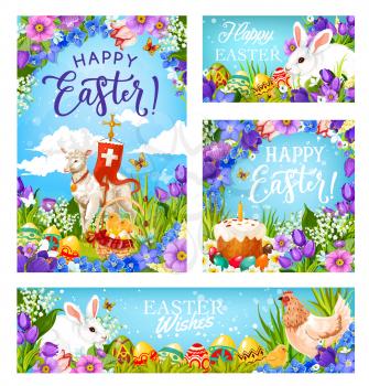 Happy Easter greetings, Christian religious holiday. Vector Easter hunt eggs, rabbit in flowers and lamb with paschal Crucifix cross flag, Easter bread with candle and eggs decorations