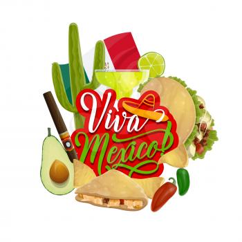 Viva Mexico vector greeting card of Cinco de Mayo holiday celebration. Cactus, tequila margarita and flag of Mexico, chilli tacos, nachos and avocado guacamole, Latin American festival design