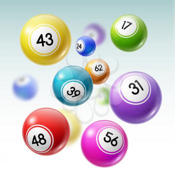 Numbered balls of lottery gambling games 3d vector illustration. Lotto, bingo or keno balls falling down, gaming sport and entertainment design