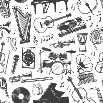 Music and musical instruments seamless pattern. Vector harp and guitar, DJ panel and vinyl disc, cello and piano, trumpet and saxophone. Maracas and drum, note and microphone, gramophone and violin