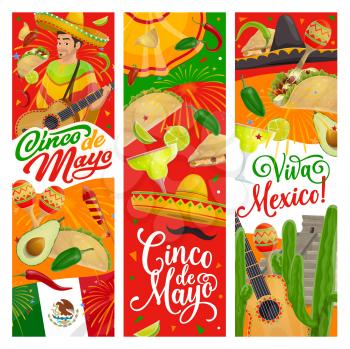 Cinco de Mayo fiesta guitar, sombrero and mariachi maracas vector design, Mexican holiday party invitations. Cactus, tequila margarita and chilli tacos, flag of Mexico, moustache and festive fireworks