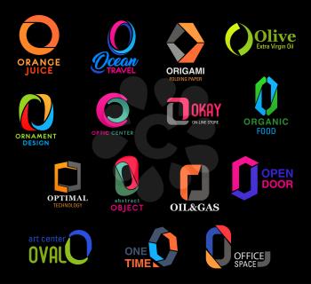 O letter icons of food, oil and gas production industry, design studio or office space rental. Vector brand or business company corporate identity symbols of tourism travel agency and optic center
