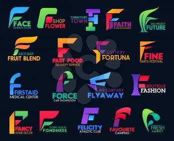 Fast food delivery service F icons, airline company letter sign and athletic gym or sport club. Fashion boutique, car showroom and medical center or floral design and eco project vector F symbols