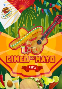 Cinco de Mayo Mexican fiesta celebration flags and fireworks. Vector Cinco de Mayo holiday party tequila with margarita cocktail, tacos and jalapeno chili pepper, Mexican sombrero, guitar and maracas