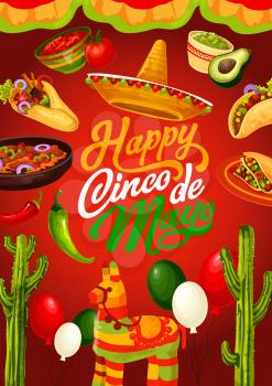 Mexican holiday Cinco de Mayo calligraphy greeting. Vector Cinco de Mayo fiesta food tacos, quesadilla and avocado guacamole, traditional party pinata, cactus and Mexico flag balloons with sombrero