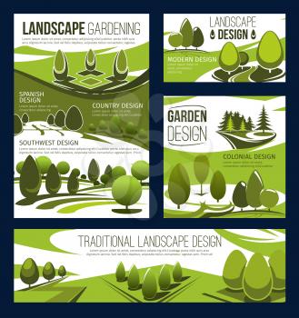 Landscaping service, landscape design and park planning, lawn care and gardening. Landscaping maintenance and landscape architecture of garden, square and parkland with green trees and plants. Vector