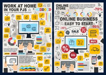 Online business and work at home vector posters of digital and internet technology with computer, tablet and mobile phone, money, bank card and online store thin line icons. E-commerce and freelance