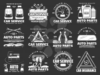 Auto parts and car accessories icons of car repair service and auto mechanic garage. Motor oil, tire, spanner or wrench, car seats, wiper and mirror, speedometer and filter badges or emblems vector