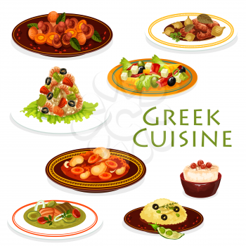 Greek cuisine shrimp risotto, fish soup and vegetable beef stew stifado, mushroom salad, lamb leg with olives and feta cheese dishes. Cod roe dip sauce and rice pudding dessert. Food vector design